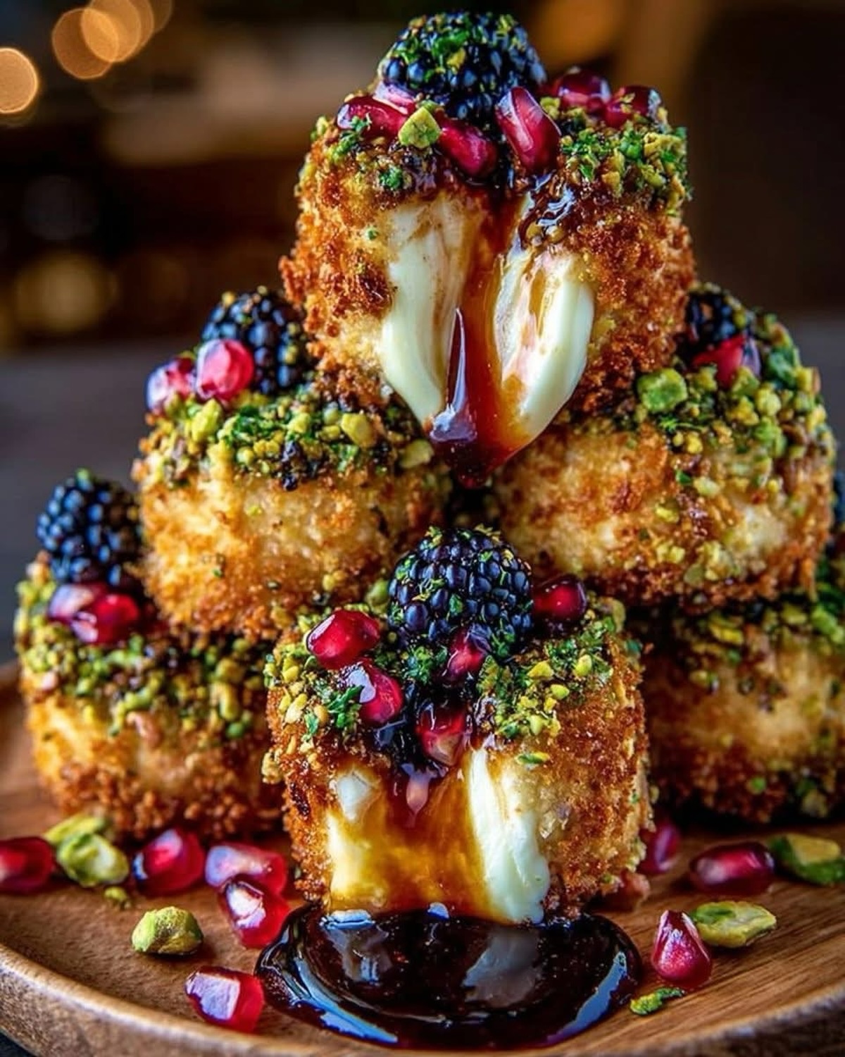 Blackberry Hot Honey Brie Bites with Crispy Pistachio Crust & Pomegranate Crunch