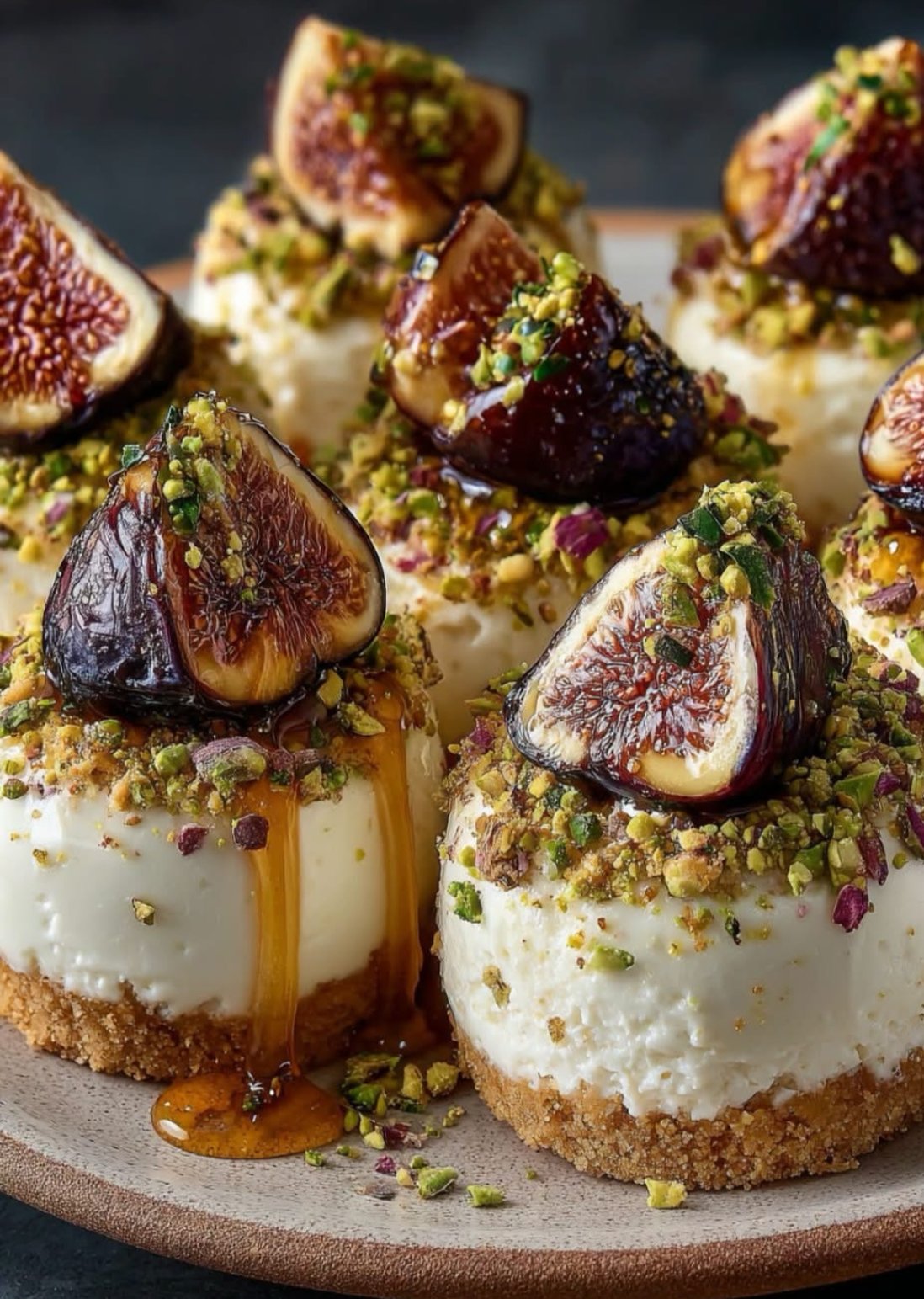 Roasted Fig Honey Cheesecake Bombs with Pistachio Crunch